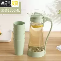 三维工匠家用冷水壶玻璃耐热高温晾凉白开水杯扎壶防爆大容量透明水瓶套装 北欧绿-小麦杯5件凉水壶