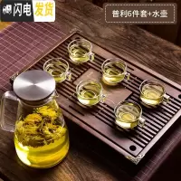 三维工匠耐热家用透明玻璃小茶杯创意功夫茶具加厚带把6只套装 普利茶杯6件套+水壶