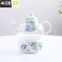 三维工匠花茶壶整套煮花茶杯陶瓷玻璃水果茶壶套装下午茶茶茶具蜡烛加热 4号色蓝玫瑰(圆炉+壶)