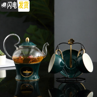 三维工匠花茶茶具套装北欧式煮水果茶壶茶杯耐热玻璃陶瓷英式下午茶茶具 孔雀绿1壶2杯2碟2勺+架子送蜡烛