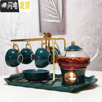 三维工匠花茶茶具套装北欧式煮水果茶壶茶杯耐热玻璃陶瓷英式下午茶茶具 孔雀绿1壶1炉4杯4碟4勺+架+托盘送蜡烛