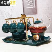 三维工匠花茶茶具套装北欧式煮水果茶壶茶杯耐热玻璃陶瓷英式下午茶茶具 孔雀绿1壶1炉6杯6碟6勺+架+托盘送蜡烛