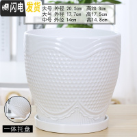 三维工匠欧式花盆陶瓷白色创意个性特大号带托盘家用吊兰带托盘绿萝 70005白(高款)(一体托盘) 中等花盆容器
