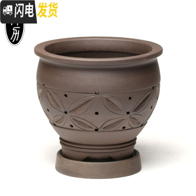三维工匠宜兴紫砂花盆春兰花盆花卉绿植园艺微景观盆景盆栽镂空洋兰盆 洋兰镂空-黑色加托 中等花盆容器