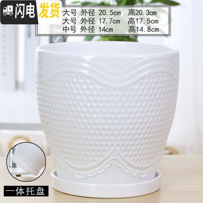 三维工匠花盆陶瓷大号特大创意个性带托盘塑料绿萝吊兰多肉小花盆 70005白(高款) 中等花盆容器