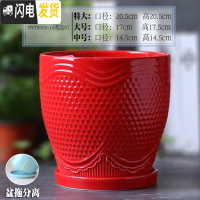 三维工匠陶瓷花盆带陶瓷托盘特大号大号简约家用绿萝吊兰花盆 HY70005-04花边红 中等花盆容器