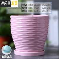 三维工匠陶瓷花盆带陶瓷托盘特大号大号简约家用绿萝吊兰花盆 HY70006-06水纹粉 中等花盆容器