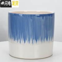 三维工匠圆柱陶瓷花盆特大号批发 北欧室内吊兰绿萝多肉透气花盆 H上蓝下白刷线(送塑料托盘) 大花盆容器