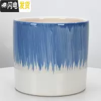 三维工匠圆柱陶瓷花盆特大号批发 北欧室内吊兰绿萝多肉透气花盆 H上蓝下白刷线(送塑料托盘) 特大花盆容器