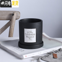 三维工匠|陶瓷小花盆多肉绿植花盆创意个性北欧风格ins风直筒带托盘 黑色(配盘配贴纸) 17CM花盆容器