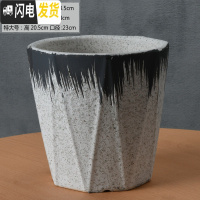三维工匠欧式简约花盆陶瓷特大号落地阳台客厅桌面绿萝虎皮兰花盆批发 八角黑白刷线高款(送塑料托盘) 大花盆容器