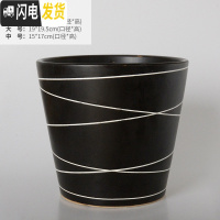 三维工匠欧式简约花盆陶瓷特大号落地阳台客厅桌面绿萝虎皮兰花盆批发 黑线条高款(送塑料托盘) 大花盆容器
