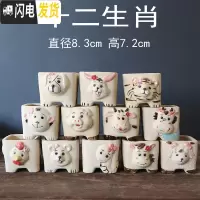 三维工匠多肉花盆陶瓷带托盘创意可爱套装组合粗陶小号个性 咖啡色新品十二生肖4个 中等花盆容器