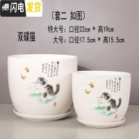 三维工匠陶瓷绿萝花盆家用好看大号个性创意室内简约吊兰 双蝶猫(特大+大号)2件套 特大花盆容器