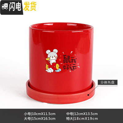 三维工匠鼠年本命年装饰创意中国红插银柳简约圆柱绿植多肉带托盘陶瓷花盆 鼠我好运-亮光红 小花盆容器