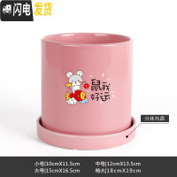 三维工匠鼠年本命年装饰创意中国红插银柳简约圆柱绿植多肉带托盘陶瓷花盆 鼠我好运-亮光粉 中等花盆容器