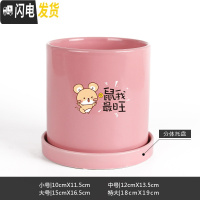 三维工匠鼠年本命年装饰创意中国红插银柳简约圆柱绿植多肉带托盘陶瓷花盆 鼠我最旺-亮光粉 大花盆容器