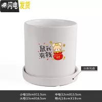 三维工匠鼠年本命年装饰创意中国红插银柳简约圆柱绿植多肉带托盘陶瓷花盆 鼠我有钱-亮光白 特大花盆容器