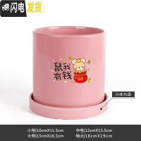 三维工匠鼠年本命年装饰创意中国红插银柳简约圆柱绿植多肉带托盘陶瓷花盆 鼠我有钱-亮光粉 中等花盆容器