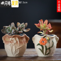 三维工匠可画画上色彩多肉小花盆陶瓷粗陶透气创意肉肉植物盆 香槟金色图片款[2个装] 中等花盆容器
