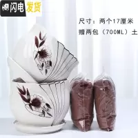 三维工匠花盆陶瓷带托盘一组两个大号盆带土简约家用绿萝多肉花盆 88024棕两个大+土2包 大花盆容器