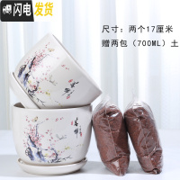 三维工匠花盆陶瓷带托盘一组两个大号盆带土简约家用绿萝多肉花盆 79093两个大+土2包 大花盆容器