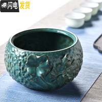 三维工匠水仙花盆陶瓷无孔铜钱碗莲睡莲水培绿萝容器大号玻璃多肉盆批发 浮雕荷叶茶洗-孔雀蓝 大花盆容器