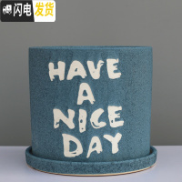 三维工匠粗陶瓷花盆带托盘绿萝吊兰花多肉大号家用室内简约 字母蓝色+配陶瓷托盘 中号直径16.5cm高17花盆容器