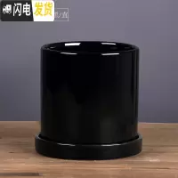 三维工匠ins北欧风格简约圆柱黑白色哑光带托盘陶瓷多 亮光黑·直·陶瓷托盘 特大号·口径18cm高花盆容器