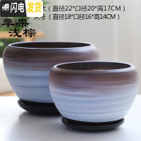 三维工匠花盆陶瓷大号中国风家用带托盘简约创意绿萝个性多肉花盆 苹果浅棕(特大.大号)套二 大花盆容器