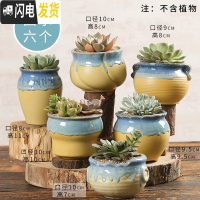 三维工匠多肉花盆陶瓷透气大口径家用创意粗陶肉肉植物小盆器 欧式流釉(6个) 小花盆容器