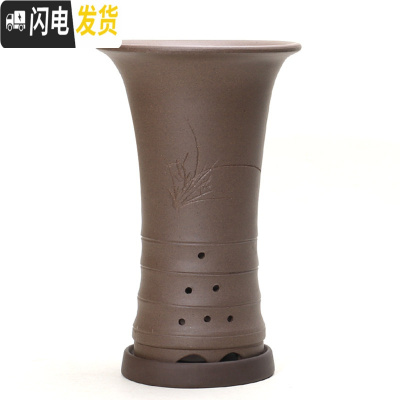 三维工匠宜兴紫砂花盆兰花盆原矿手工桌面地面 古典竹节漂口兰 出汗泥(透气)高雅云竹不描黑+托(托盘是黑色)SL0花盆容器