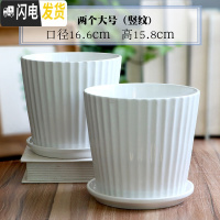 三维工匠白色陶瓷花盆带托盘大号个性创意多肉室内家用吊兰绿萝盆 两个大号(竖纹) 大花盆容器