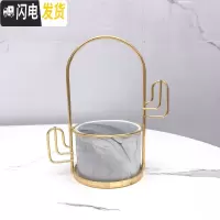 三维工匠ins北欧小清新多肉陶瓷小花盆创意个性室内好看铁艺简约客厅摆件 仙人柱架+大理石纹盆 中花盆容器