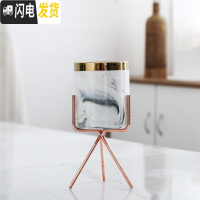 三维工匠ins北欧小清新多肉陶瓷小花盆创意个性室内好看铁艺简约客厅摆件 金边大理石纹盆+金属架 中花盆容器