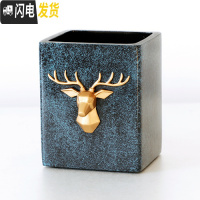 三维工匠创意时尚笔筒摆件简约可爱学生书房书桌办公用品笔桶收纳摆设 鹿头方形笔筒[肌理蓝]