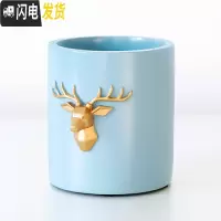 三维工匠创意时尚笔筒摆件简约可爱学生书房书桌办公用品笔桶收纳摆设 鹿头圆形笔筒[蓝色]