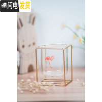 三维工匠创意ins风玻璃笔筒多功能文具收纳北欧圆形可爱铁艺笔筒桌面摆件 火烈鸟D款