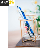 三维工匠创意ins风玻璃笔筒多功能文具收纳北欧圆形可爱铁艺笔筒桌面摆件 火烈鸟C款