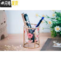 三维工匠创意ins风玻璃笔筒多功能文具收纳北欧圆形可爱铁艺笔筒桌面摆件 樱之语A款