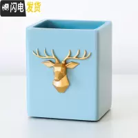 三维工匠多功能时尚笔筒创意大容量办公室笔桶可爱化妆笔刷收纳盒节日 蓝色方形鹿头笔筒