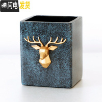 三维工匠多功能时尚笔筒创意大容量办公室笔桶可爱化妆笔刷收纳盒节日 肌理蓝方形鹿头笔筒