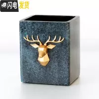 三维工匠多功能时尚笔筒创意大容量办公室笔桶可爱化妆笔刷收纳盒节日 肌理蓝方形鹿头笔筒