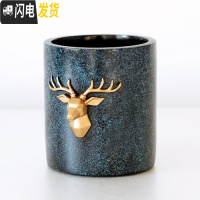 三维工匠多功能时尚笔筒创意大容量办公室笔桶可爱化妆笔刷收纳盒节日 肌理蓝圆形鹿头笔筒