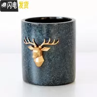三维工匠多功能时尚笔筒创意大容量办公室笔桶可爱化妆笔刷收纳盒节日 肌理蓝圆形鹿头笔筒