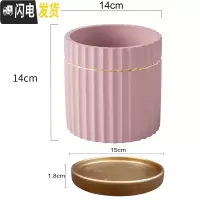 三维工匠马卡龙金边水泥花盆ins北欧风格多肉玫瑰花绿萝绿植圆柱体条纹盆 条纹粉色14cm(配陶瓷金托盘) 中等花盆容器