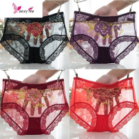性感蕾丝刺绣内裤女诱惑锦纶大码透气中腰超薄款网纱 FISH BASKET