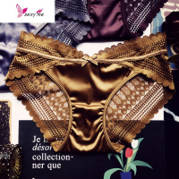 3送1性感内裤女法式复古绸缎镂空蕾丝边姜中低腰包臀三角裤 FISH BASKET