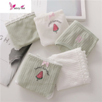 5件螺纹棉棉内裤女中腰透气棉小西瓜印花简约白绿色少女三角裤 FISH BASKET