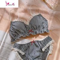 日系甜美少女内衣牛奶丝格子显胸小无钢圈文胸上托比基尼内衣 文胸套装 FISH BASKET